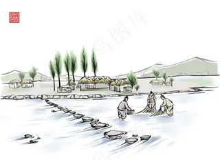 水墨渔夫捕鱼PSD分层素材