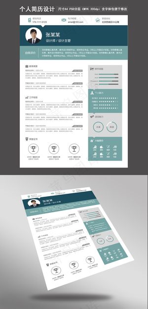 蓝灰简约男士商务简历设计模板