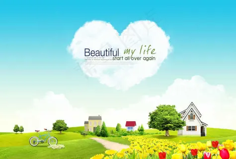 草地上的花丛和房屋 草地上的花丛和房屋