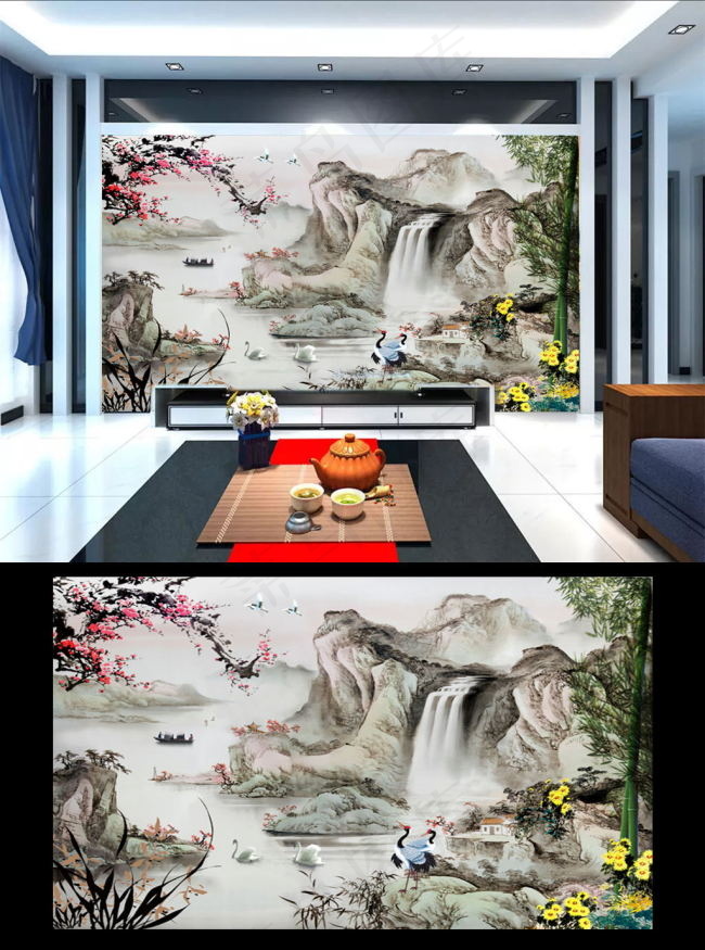 中国风四君子水墨山水画装饰画(9071X5669(DPI:72))psd模版下载