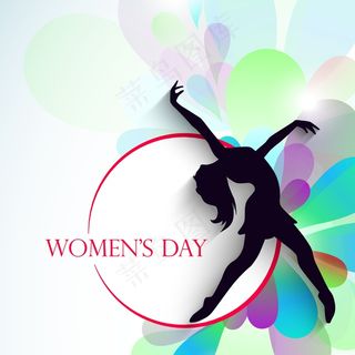 三八妇女节贺卡或海报以时尚背景舞蹈构成一个年轻女子轮廓设计