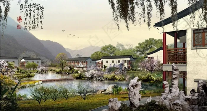 园林建筑效果图图片(3209X1914(DPI:72))psd模版下载