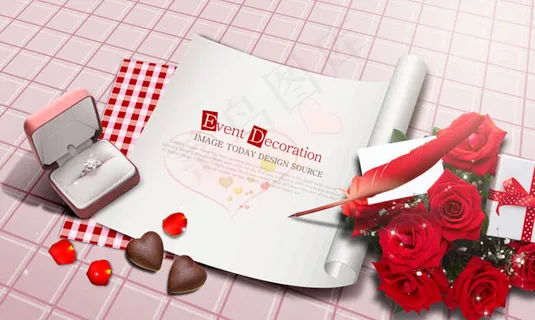 钻戒羽毛笔玫瑰花PSD素材