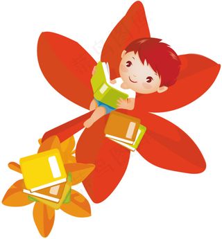 躺在枫叶上读书的小男孩