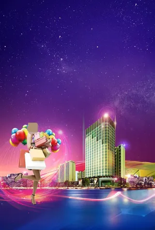 商业效果图 购物女人 紫色天空 光效