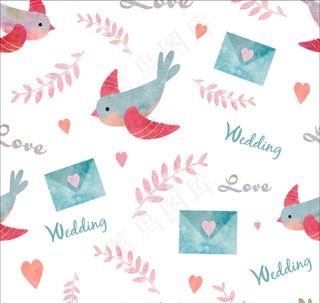 水彩绘小鸟和情书婚礼无缝背景矢量图