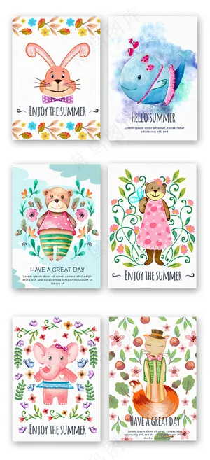 卡通水彩风格动物元素背景设计模板