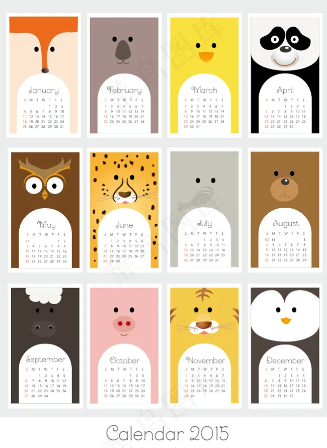 2015年可爱动物挂历素材eps,ai矢量模版下载