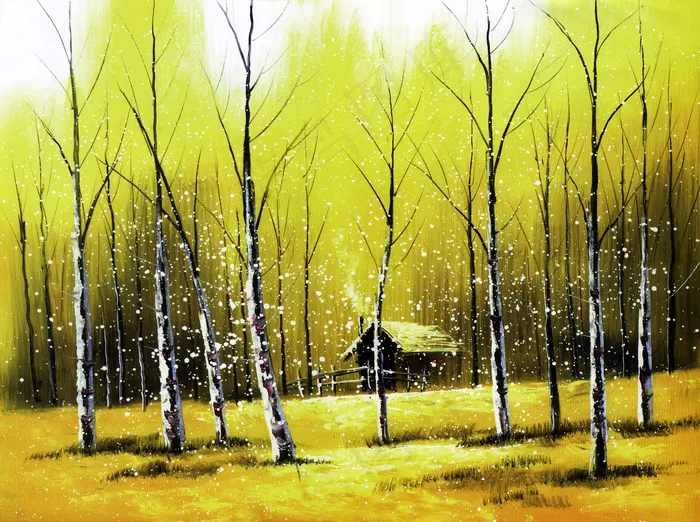 后现代外兴安岭白桦林小屋风景油画