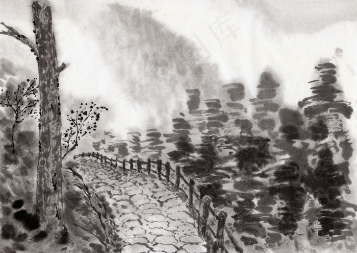 古代风景 小道 山路 水墨画