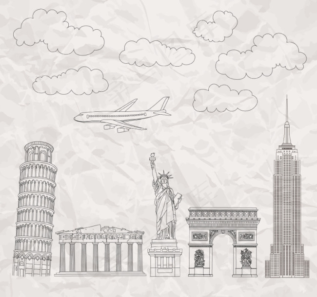 手绘著名建筑矢量素材