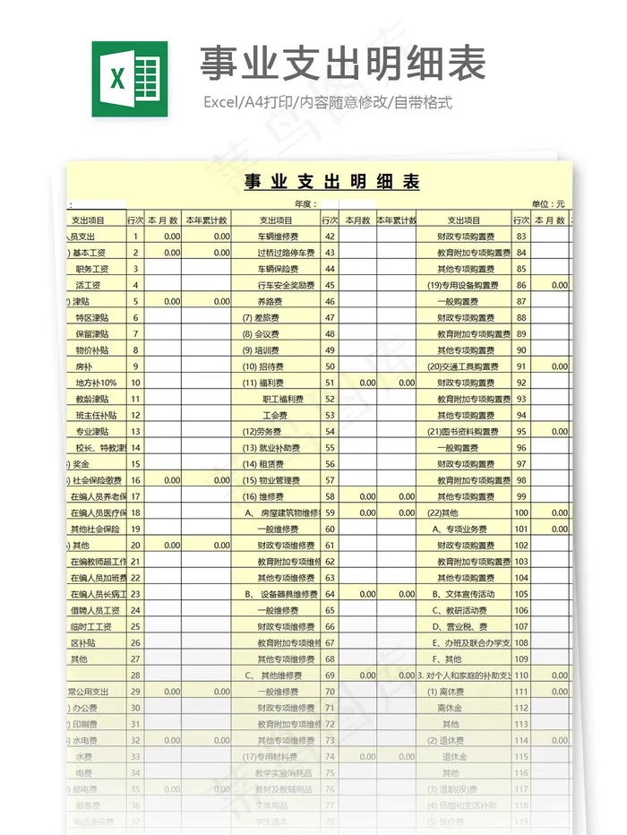 事业支出明细表格