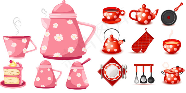 可爱厨具餐具茶具设计矢量素材