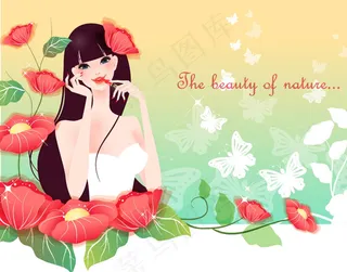 卡通彩绘美女荷花蝴蝶漂亮梦幻分层插...