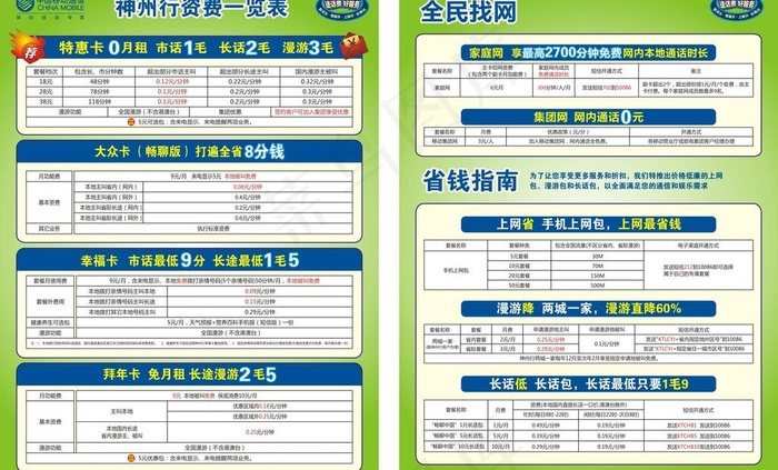 移支资费表图片cdr矢量模版下载