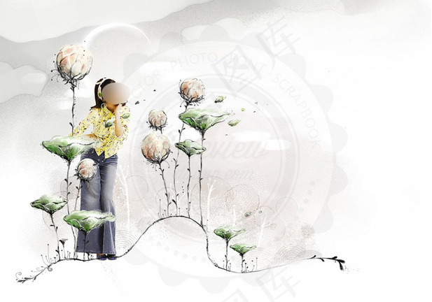 植物花卉插画与美女等PSD分层素材