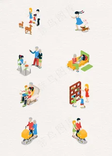 手绘家庭人物日常生活场景元素