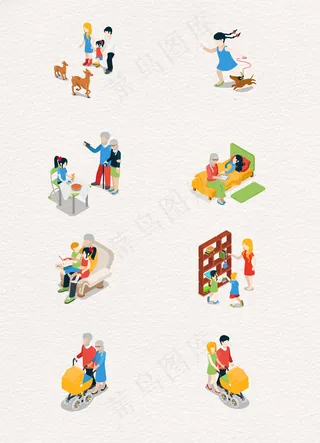 手绘家庭人物日常生活场景元素
