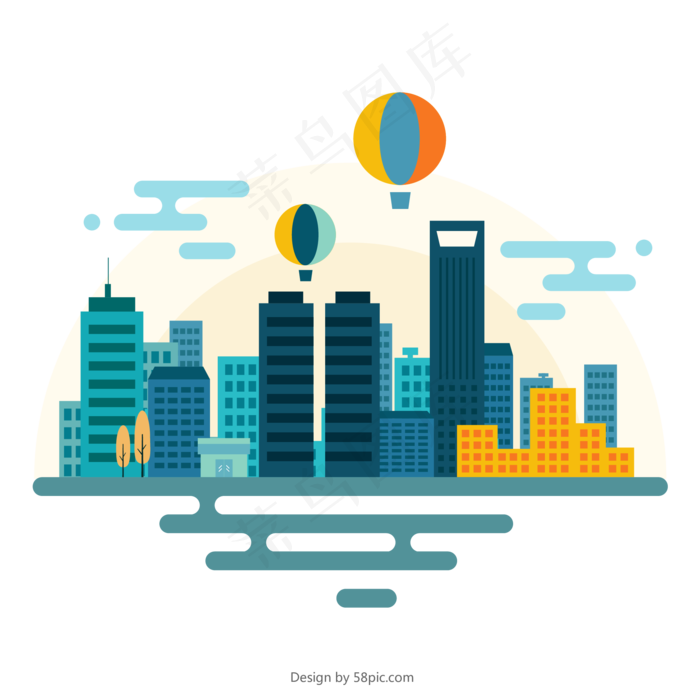 城市高楼云朵热气球水波纹黄绿蓝色元素