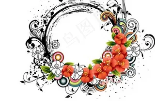 红色花卉 水墨边框