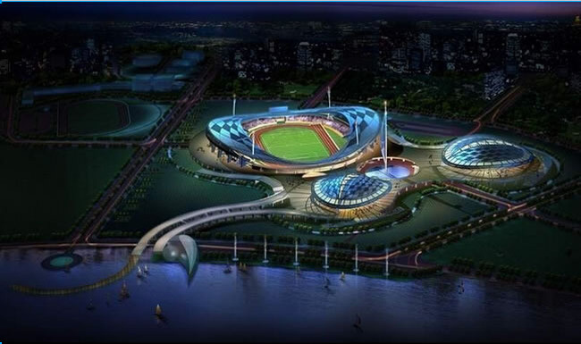 体育场夜景鸟瞰图PSD分层素材