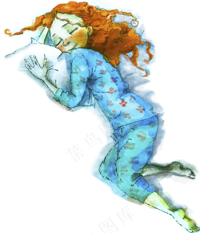睡觉的水彩女孩插画eps,ai矢量模版下载