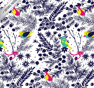 彩绘花卉与鸟无缝背景矢量图