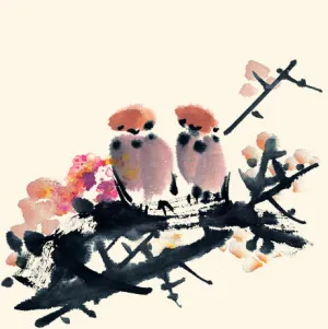 水墨画树枝上的鸟儿
