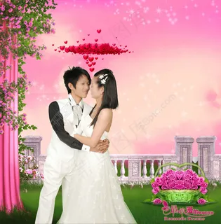 婚纱模板粉色背景浪漫玫瑰花篮艺术字礼堂