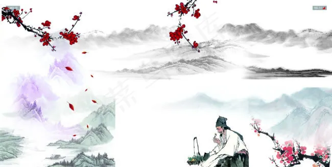 水墨山水人物画psd素材(6685X3378(DPI:300))psd模版下载