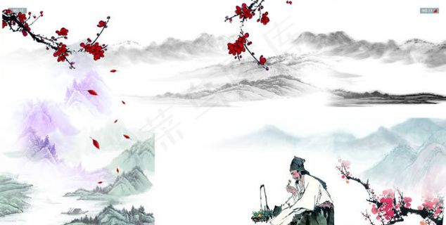水墨山水人物画psd素材