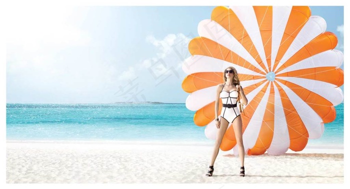 夏季清凉海边美女降落伞背景