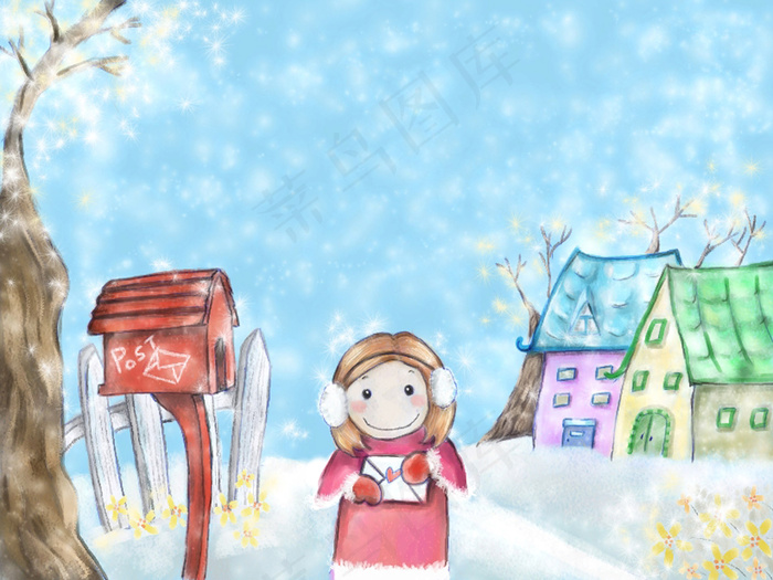 雪中的小女孩卡通背景