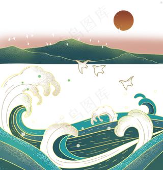 日本浮世绘海浪,免抠元素
