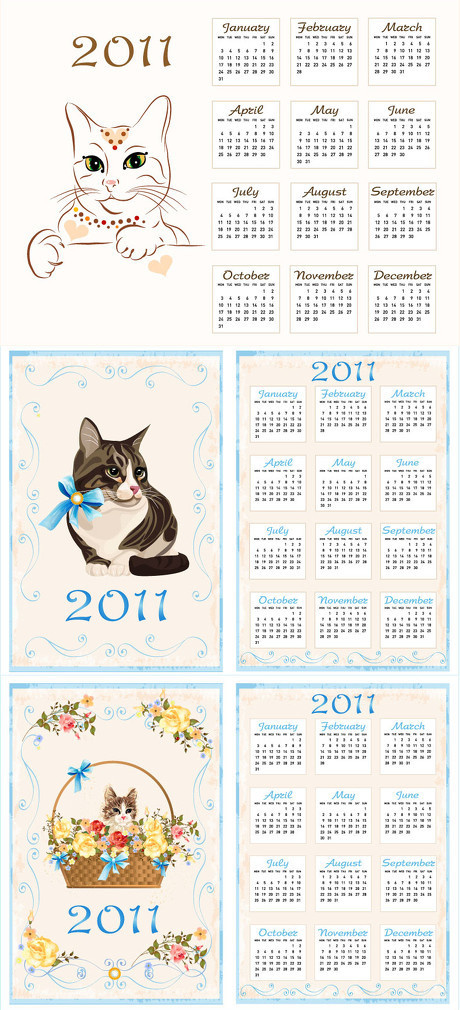2011年卡通猫日历矢量素材eps,ai矢量模版下载