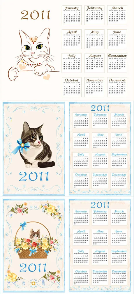 2011年卡通猫日历矢量素材eps,ai矢量模版下载