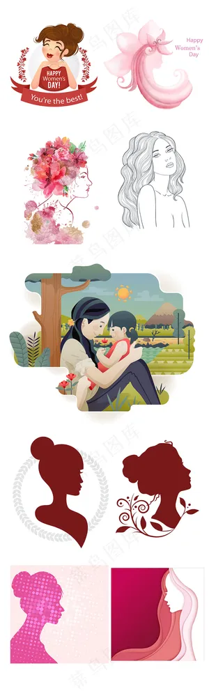 妇女节女性图手绘素描素材AI分层图...