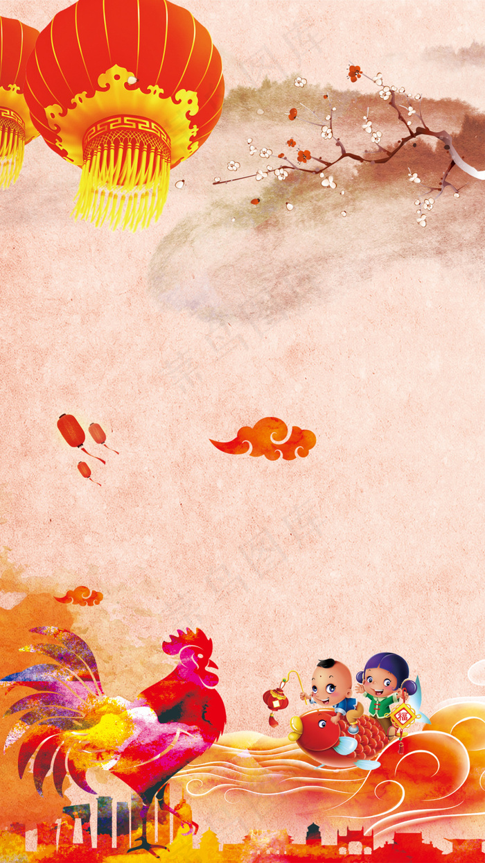 2016年鸡年春节喜庆海报H5背景素材(1242X2208(DPI:300))psd模版下载