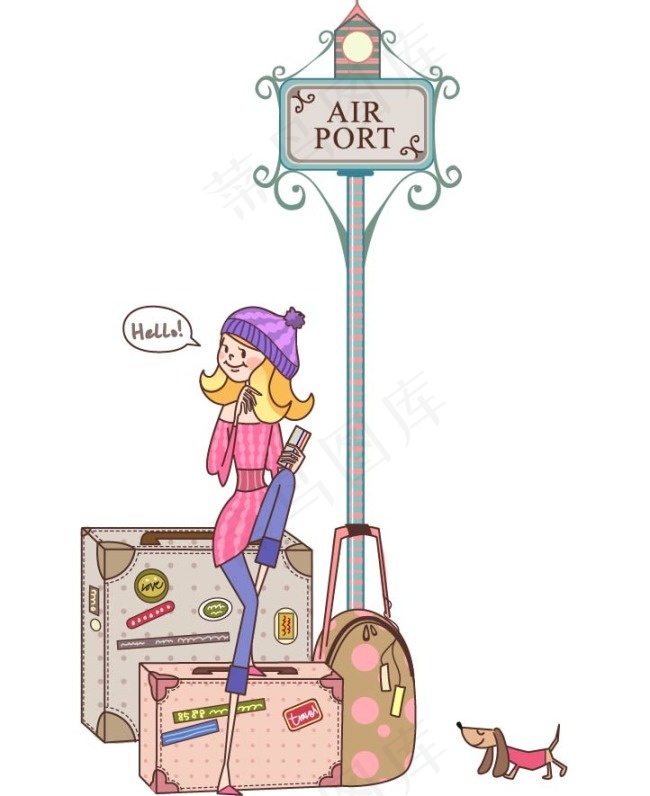 旅行箱和女人ai矢量模版下载
