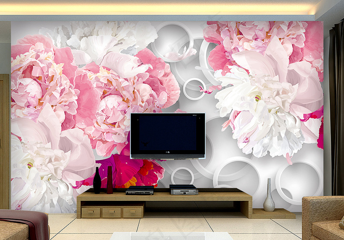 高清手绘梦幻花朵3D背景墙客厅电视...