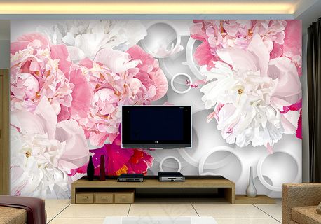 高清手绘梦幻花朵3D背景墙客厅电视...