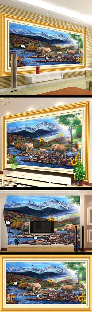 动物山水风景油画电视墙设计