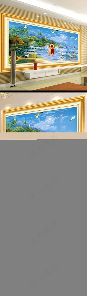 海景风景油画背景电视墙设计
