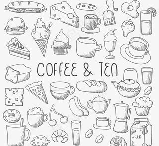 手绘咖啡与甜点食物矢量图
