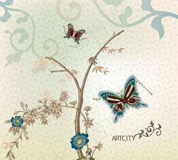复古风格的花蝴蝶盖的设计背景矢量素...
