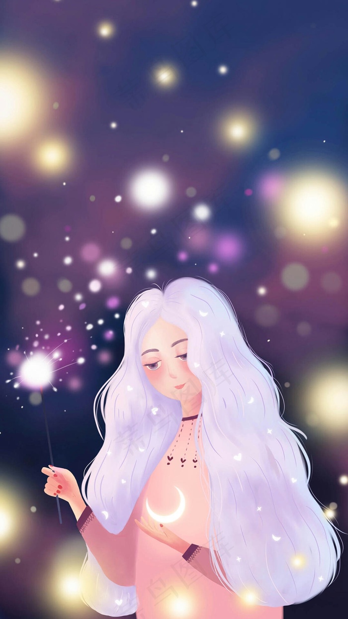 女孩拿着烟花的插画