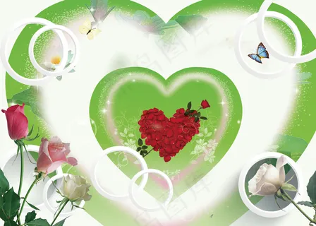 现代清新浪漫3D绿色心形红心玫瑰昙...