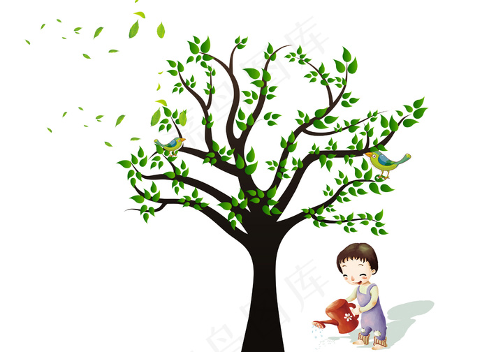 卡通小女孩浇树png元素