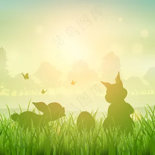 在一个长满草的景观的复活节兔子的剪影