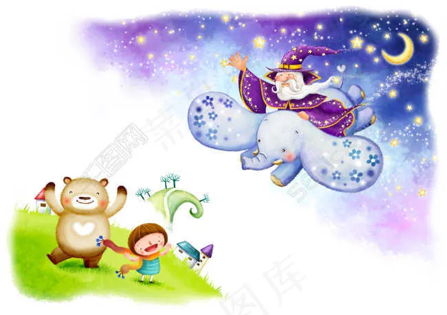 飞翔的女巫和草地上的孩子小熊(4961X3508(DPI:300))psd模版下载